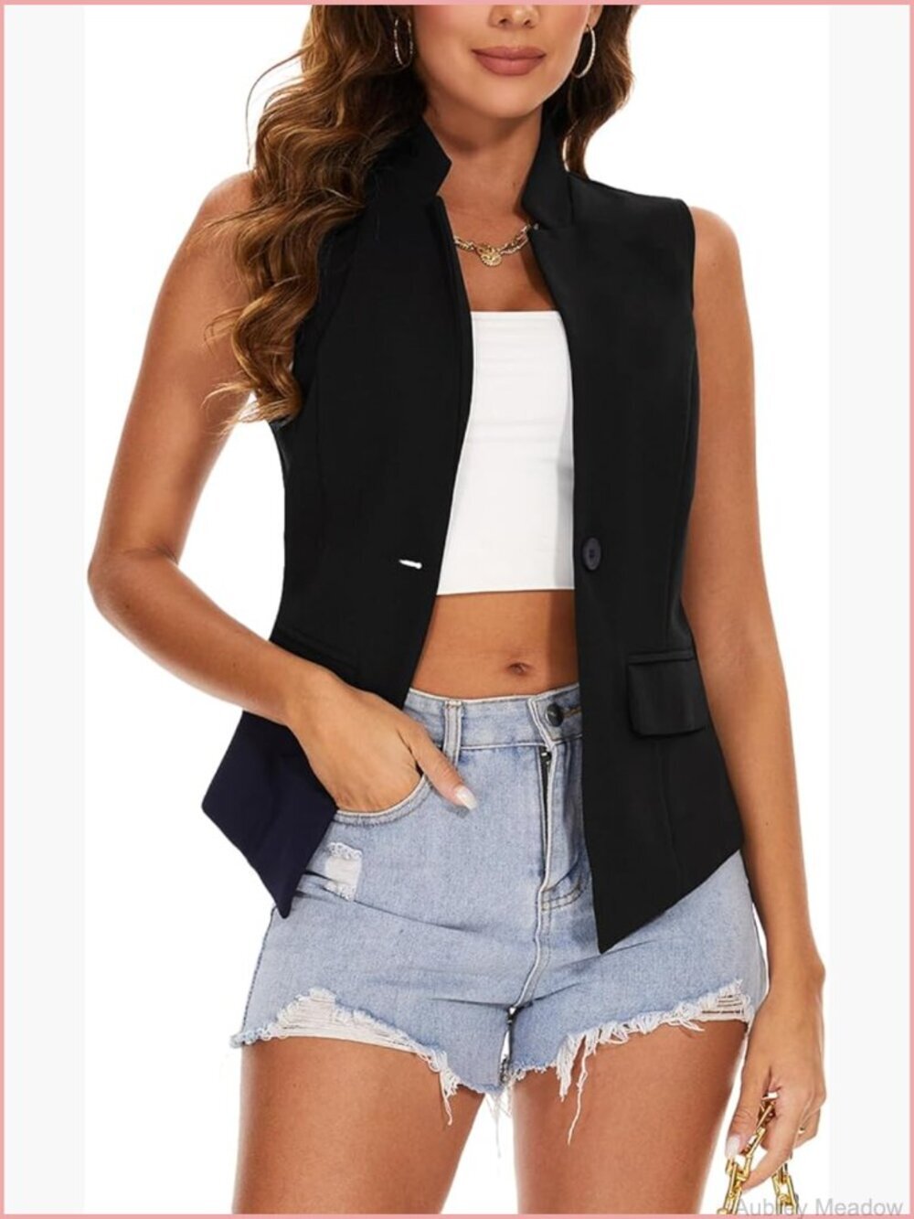 Sleeveless Blazer Vest Notch Collar Office Lightweight Work Vest with Pockets